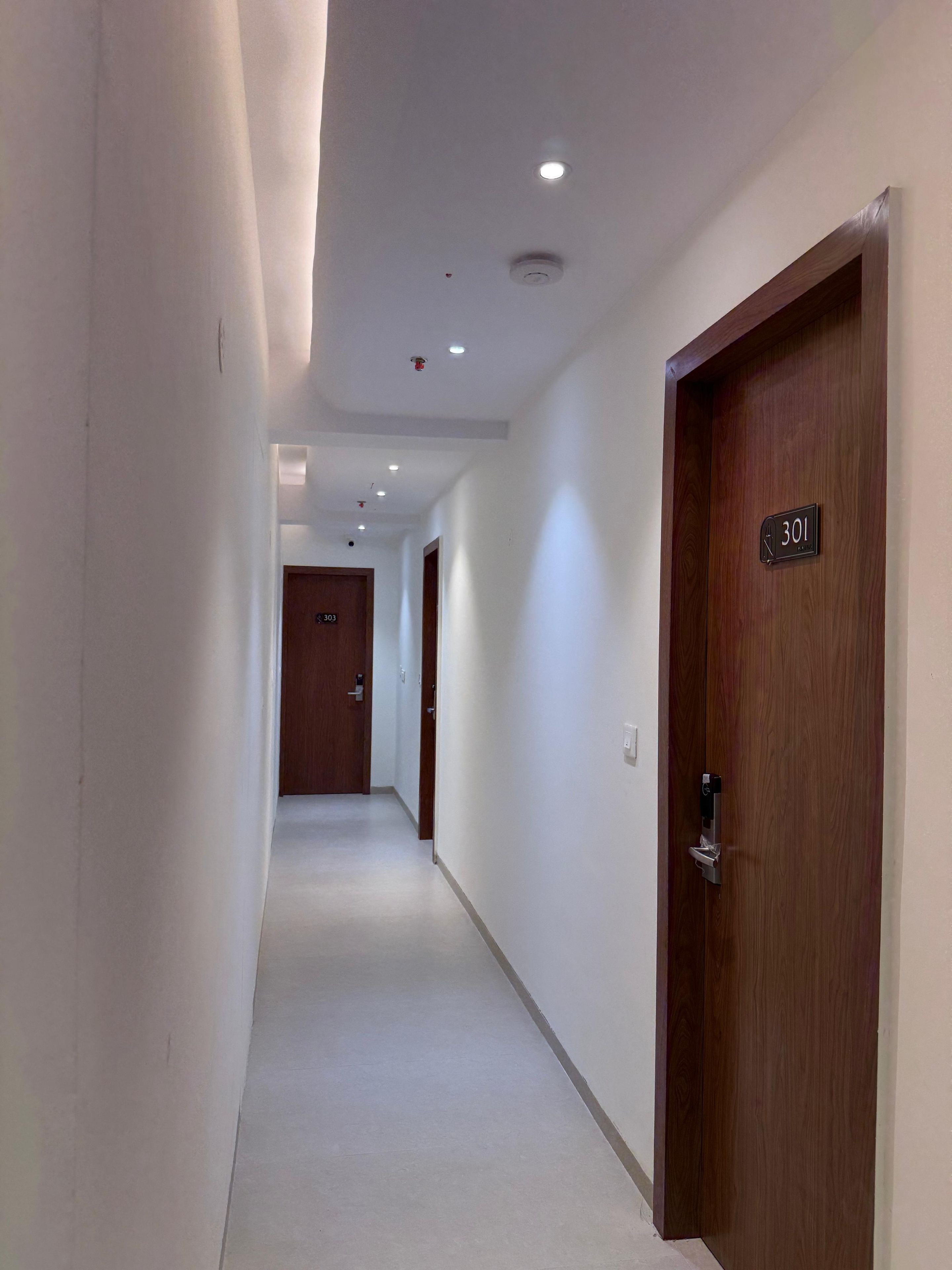 A corridor with a wooden door marked '301' and a white wall.