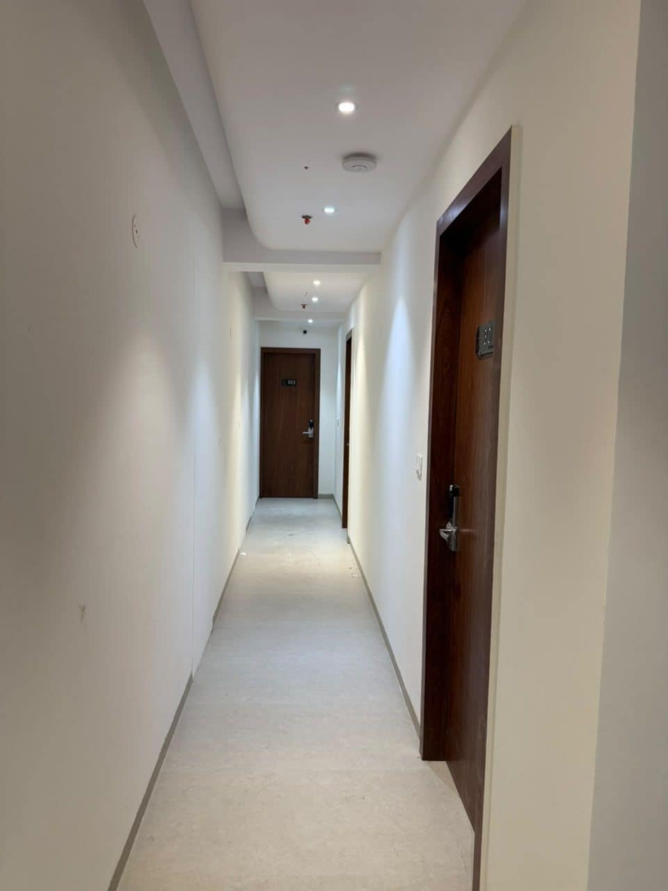 A corridor with a carpeted floor, white walls, and a wooden door on the right.