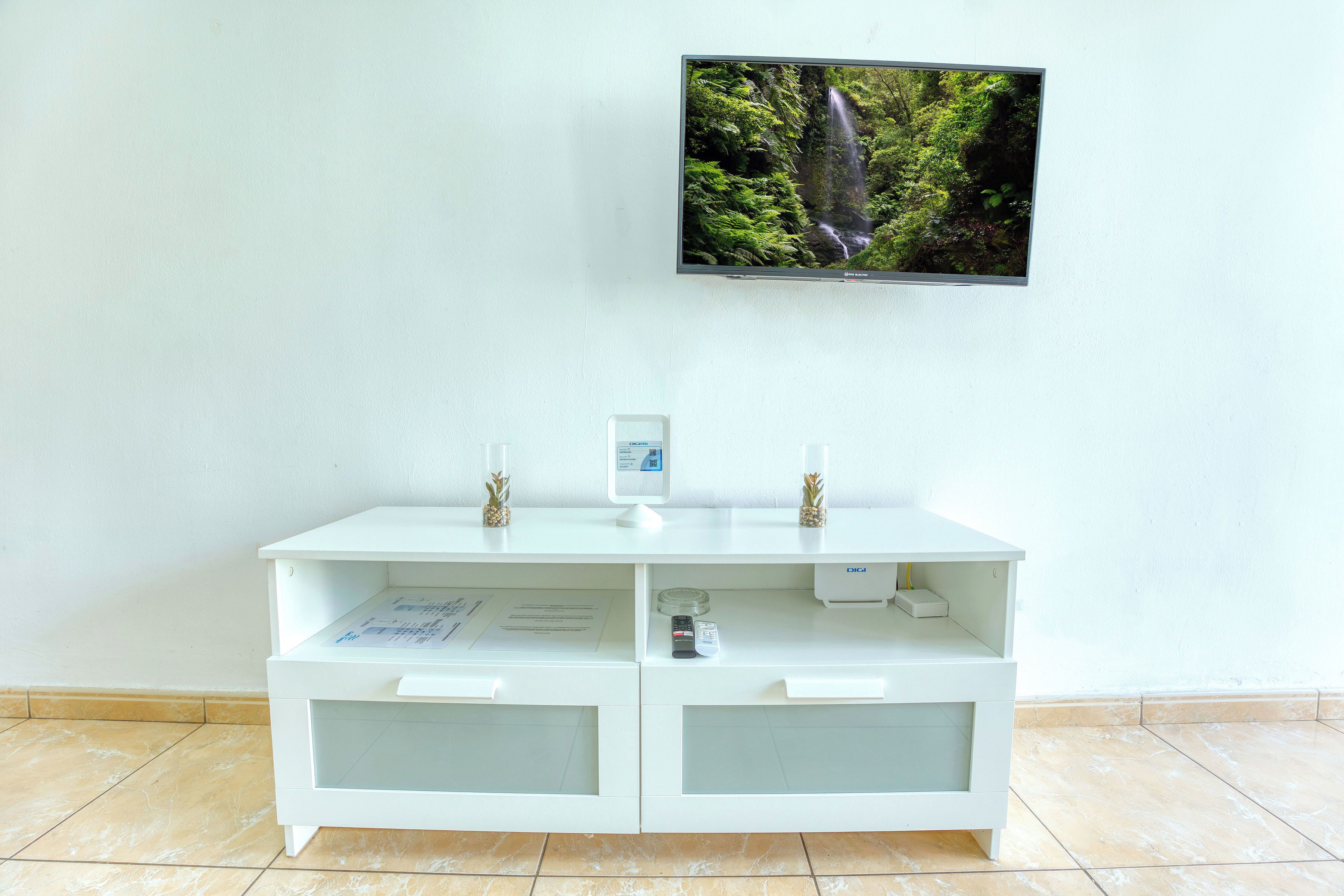 A white vanity with a mounted television displaying a waterfall, a small potted plant, and a remote control on the counter.