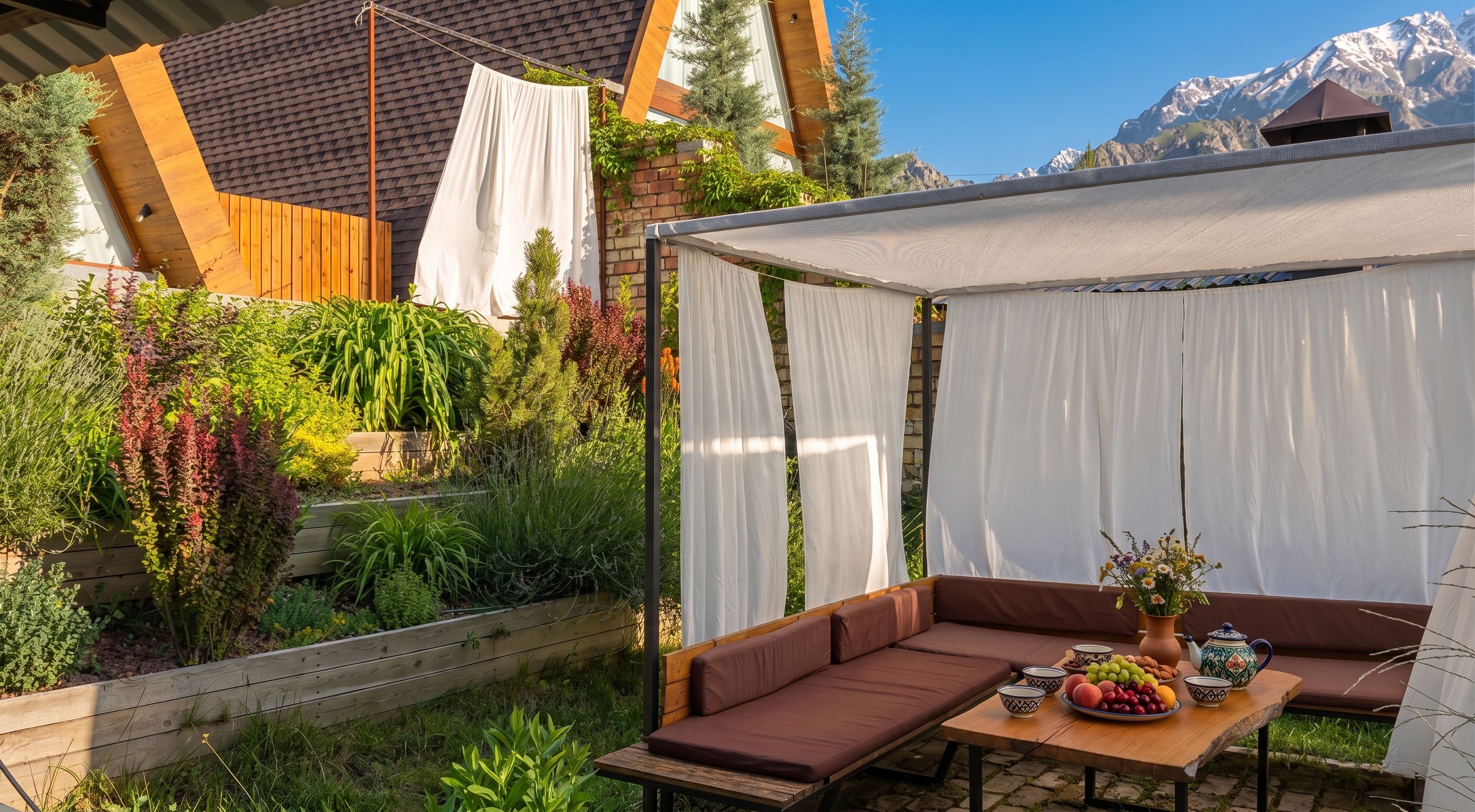 Un espace extérieur aménagé, abrité et doté d’une table, prêt pour les repas, entouré d’une végétation luxuriante et avec une vue imprenable sur les montagnes.