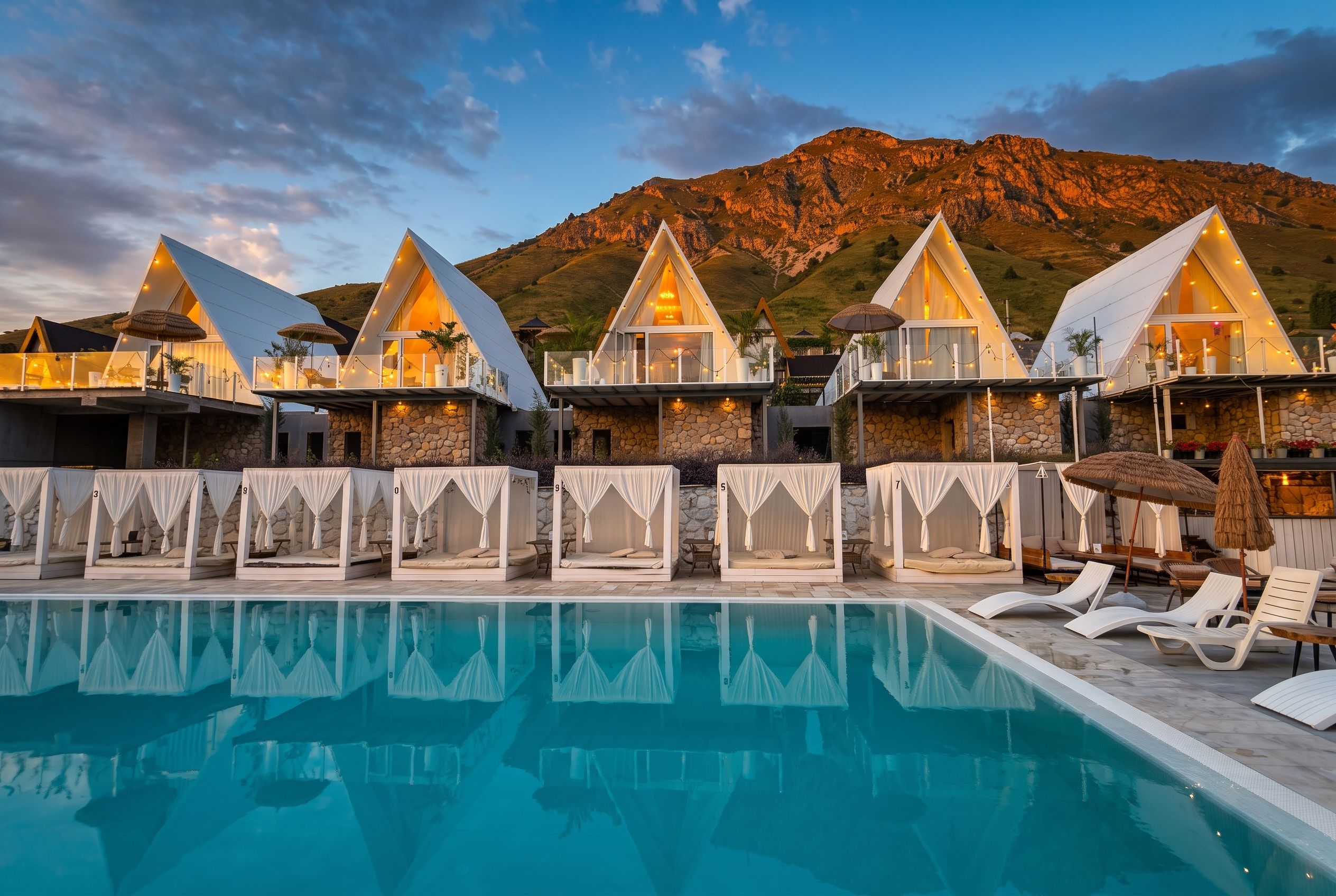 A pool area with multiple triangular tents, each with a canopy and seating.