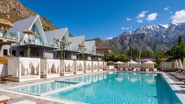 Een resort met een zwembad, buitenzitplaatsen en uitzicht op de bergen.