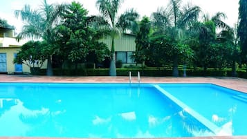 Une piscine à l’eau d’un bleu cristallin, entourée d’une végétation luxuriante, avec un bâtiment visible au loin.