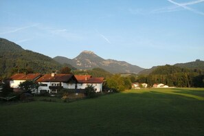 A rural landscape with a house and a field in the foreground, and mountains in the background. - Brünnstein holiday apartment complex (Oberaudorf)