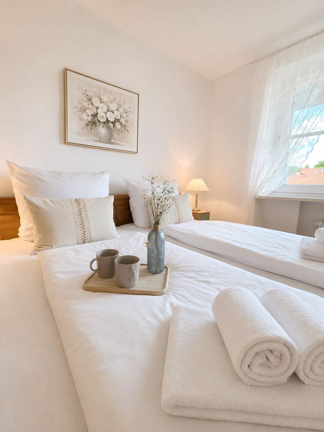 Een hotelkamer met een groot bed, een nachtkastje met een lamp, een lijst aan de muur en een raam met gordijnen.