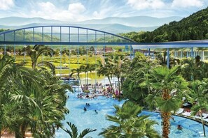 A swimming pool with palm trees, a bridge, and a view of a mountainous landscape. - No. 16 - Winterhaldenweg 37 (Hinterzarten)