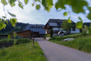 Entorno rural con un camino que lleva a una casa con paneles solares, rodeada de vegetación y un paisaje montañoso.