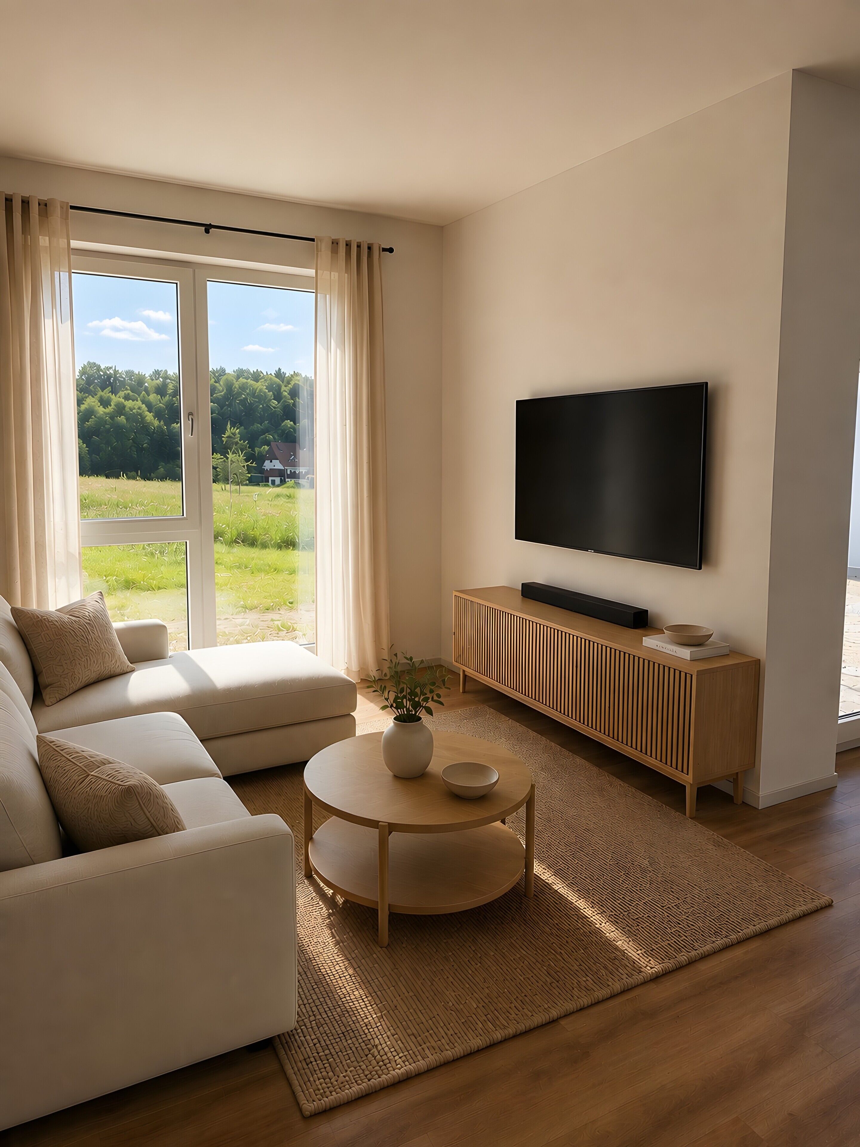 Een moderne woonkamer met een bank, een salontafel, een flatscreen televisie aan de muur en uitzicht op een groen landschap door grote ramen.