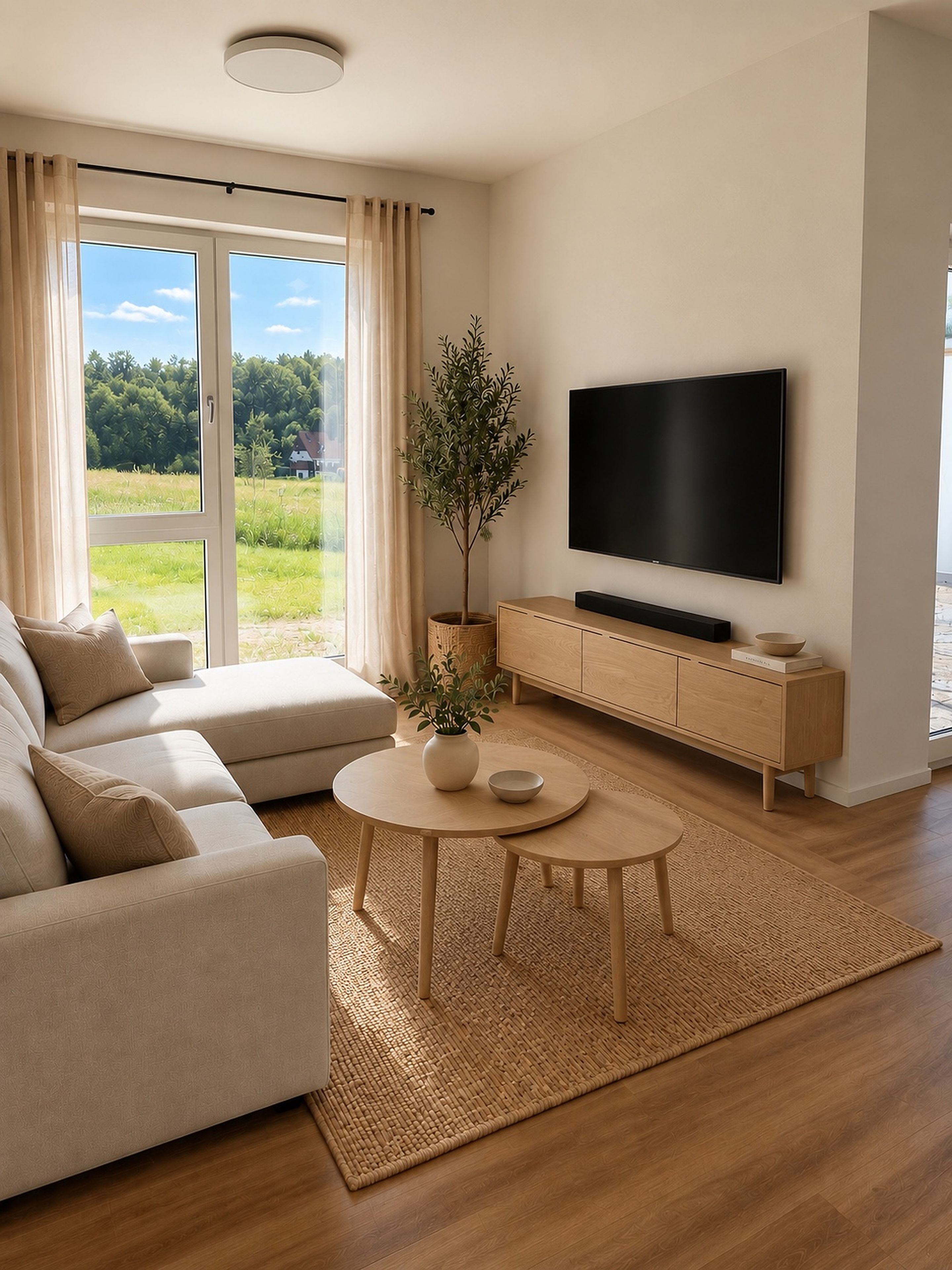Ein modernes Wohnzimmer mit einer Couch, einem Couchtisch, einem Fernseher und Blick auf eine grüne Landschaft durch große Fenster.