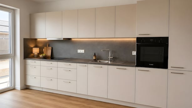 Een moderne keuken met witte kasten, een zwarte oven en een raam dat natuurlijk licht binnenlaat.