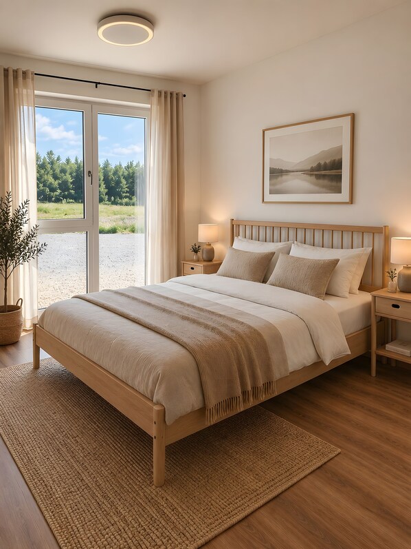 A bedroom with a wooden bed, a bedside table with a lamp, a framed picture on the wall, and a view of greenery through the window.