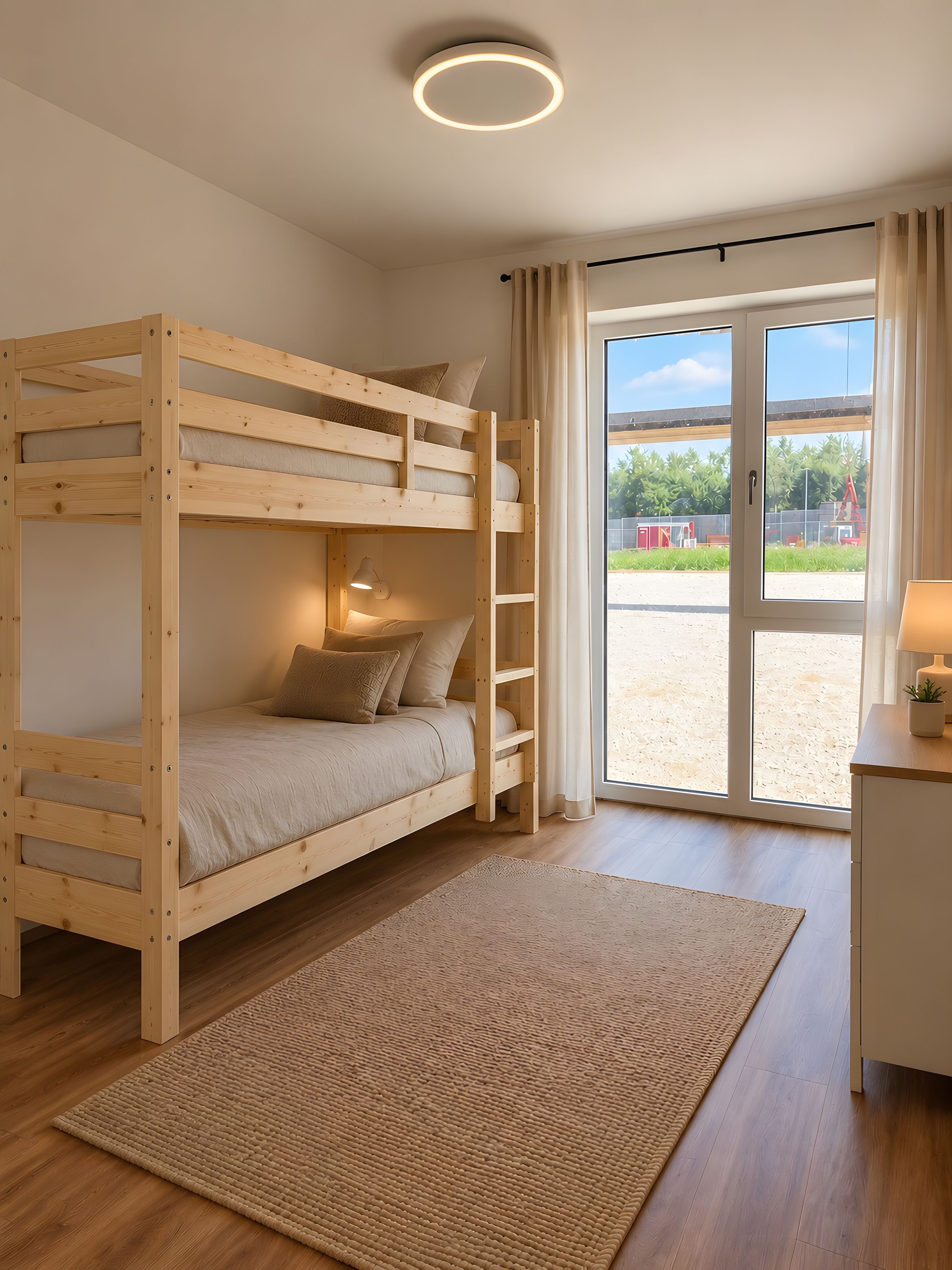 Una cama litera con una lámpara de noche, una alfombra tejida y vistas a un área exterior con maquinaria de construcción.