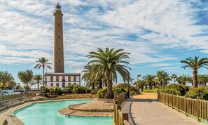 Una piscina con terraza de piedra, palmeras y una alta estructura de torre.
