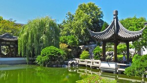 A traditional pavilion with a curved roof, a pond with lily pads, and a weeping willow tree. - Downtown Views | Pet-friendly & In-Room Dining (Portland)