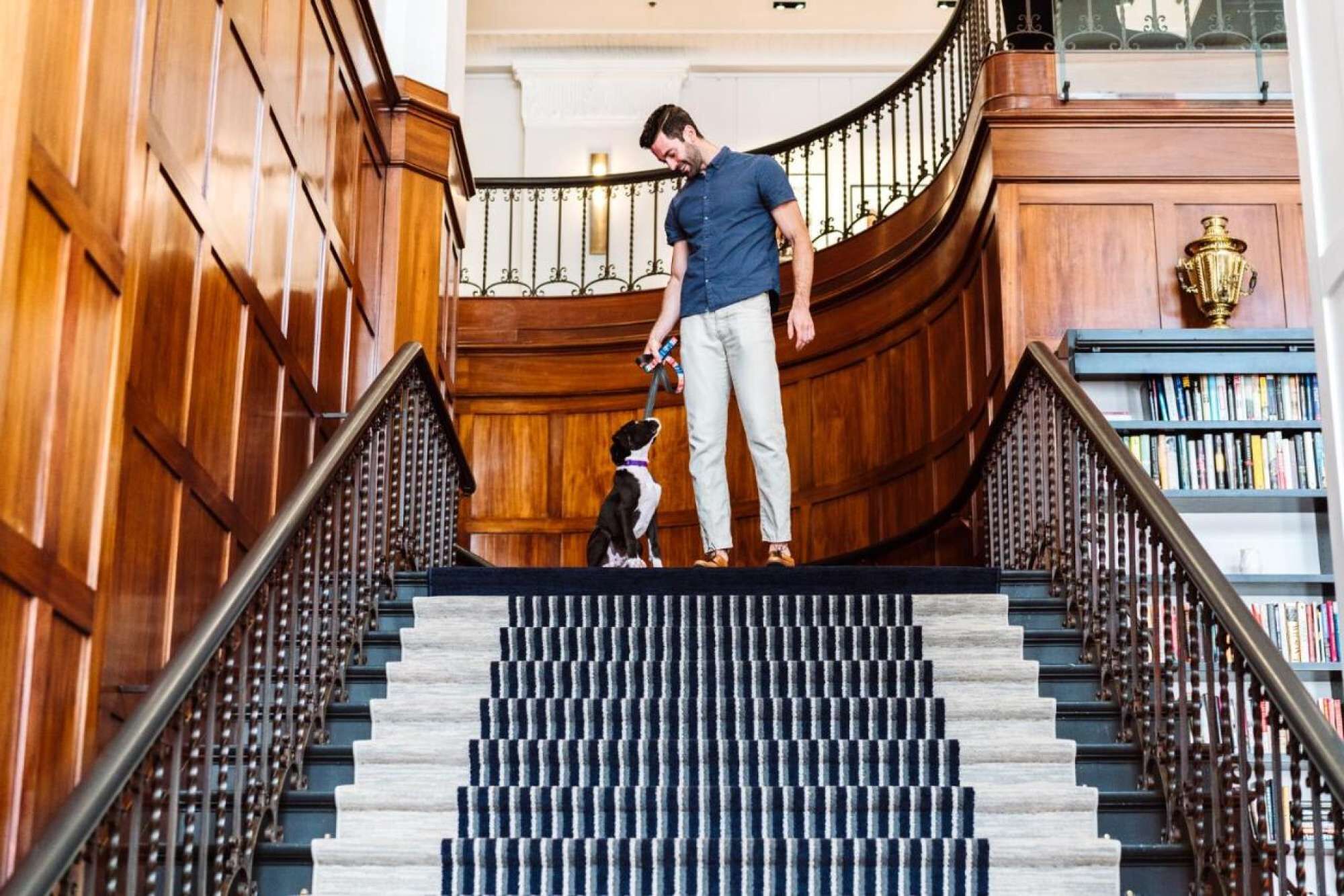 A man and a dog on a staircase with wooden walls and metal railings, leading to a room with a bookshelf.