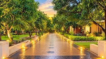 A paved pathway lined with trees and illuminated by ground lights, leading to a building with a modern design.