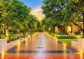 Un chemin pavé, bordé d’arbres et éclairé par des lampadaires, mène à un bâtiment au design moderne.