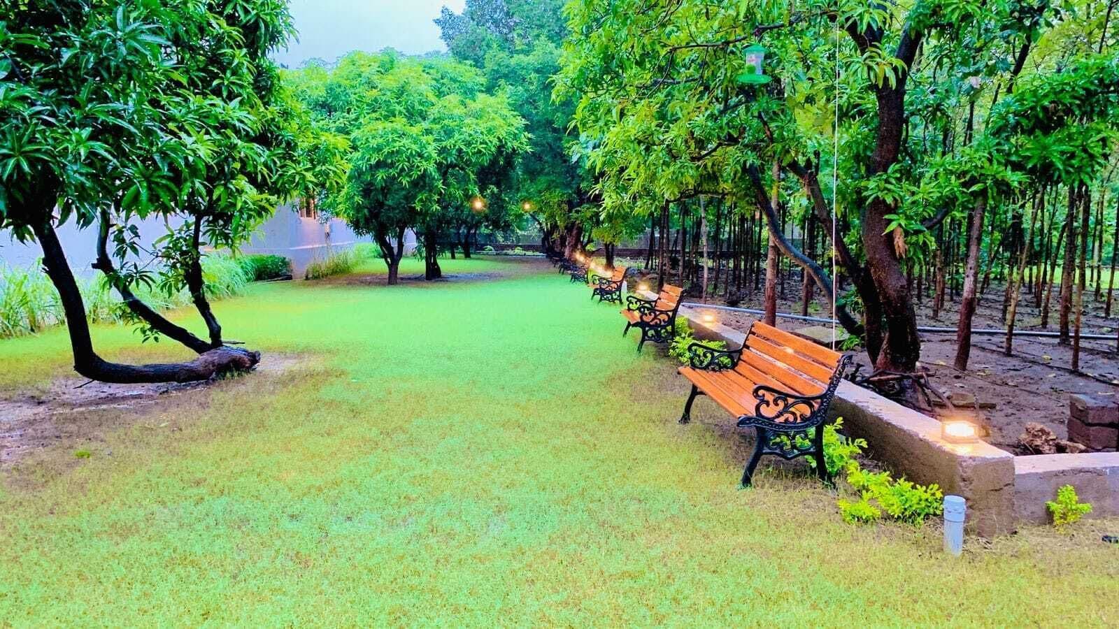 A park with benches and trees.