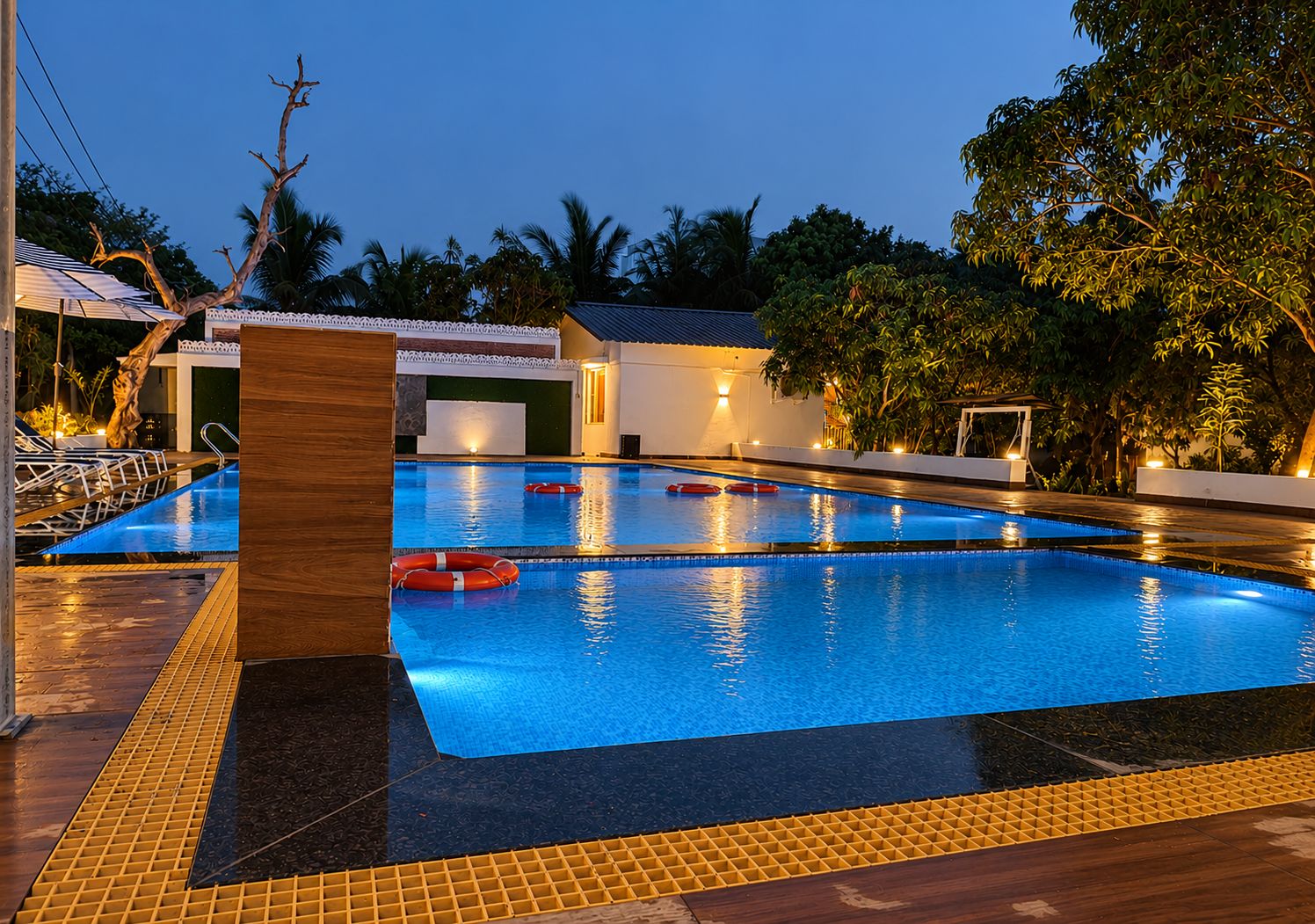 A swimming pool with lifebuoys, surrounded by a deck with a tiled border and a palm tree.