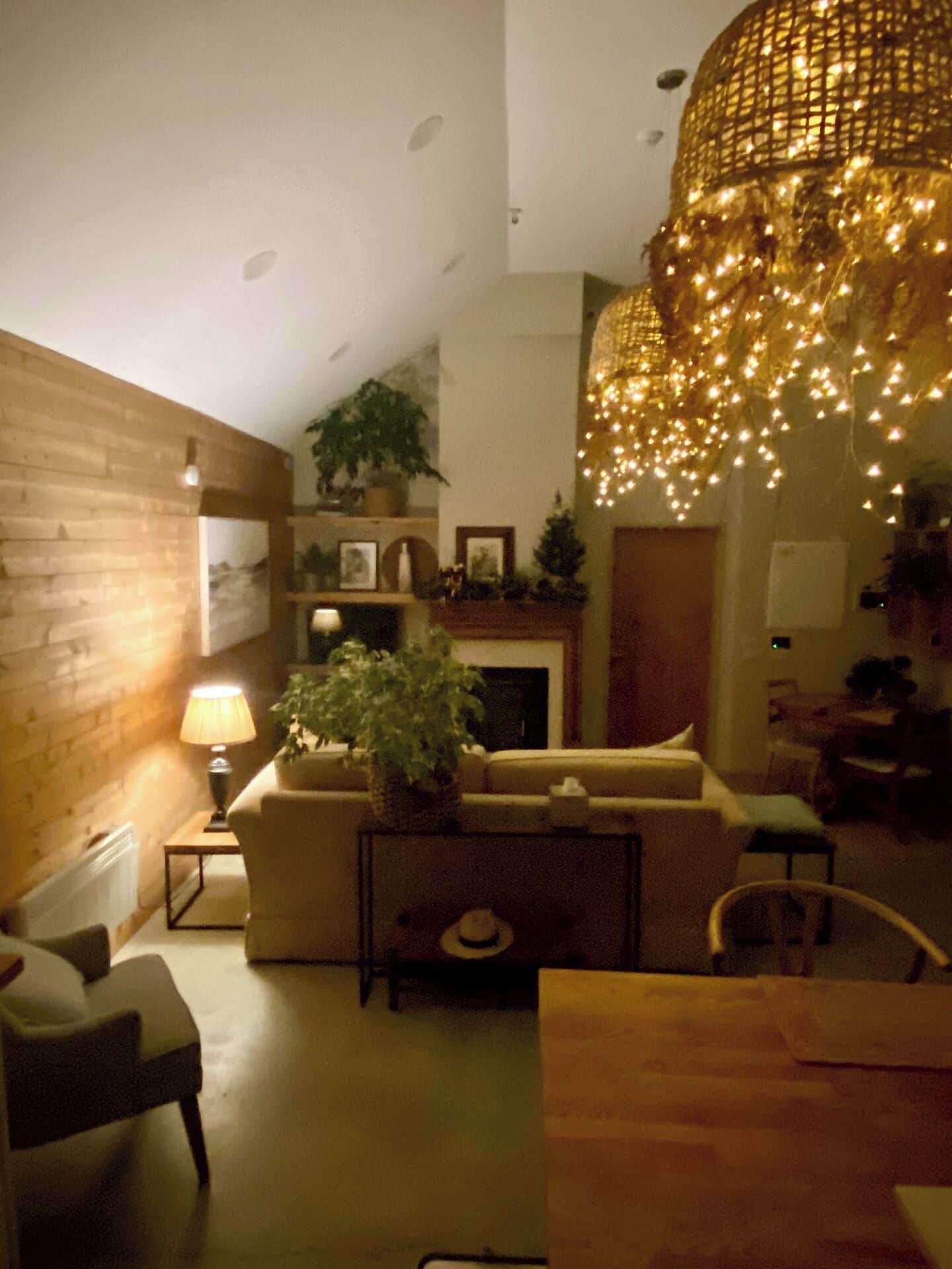 A cozy living room with a sofa, a table, and a lamp. There is a plant and a fireplace.