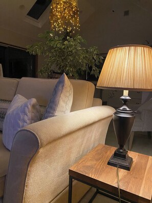 A modern living room with a sofa, a lamp, and a potted plant. - A spacious one bed farm cottage, perfect for a relaxing getaway (Clonakilty)