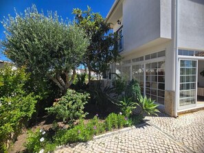 Edifício moderno com entrada pavimentada e jardim com diversas plantas e uma grande árvore.