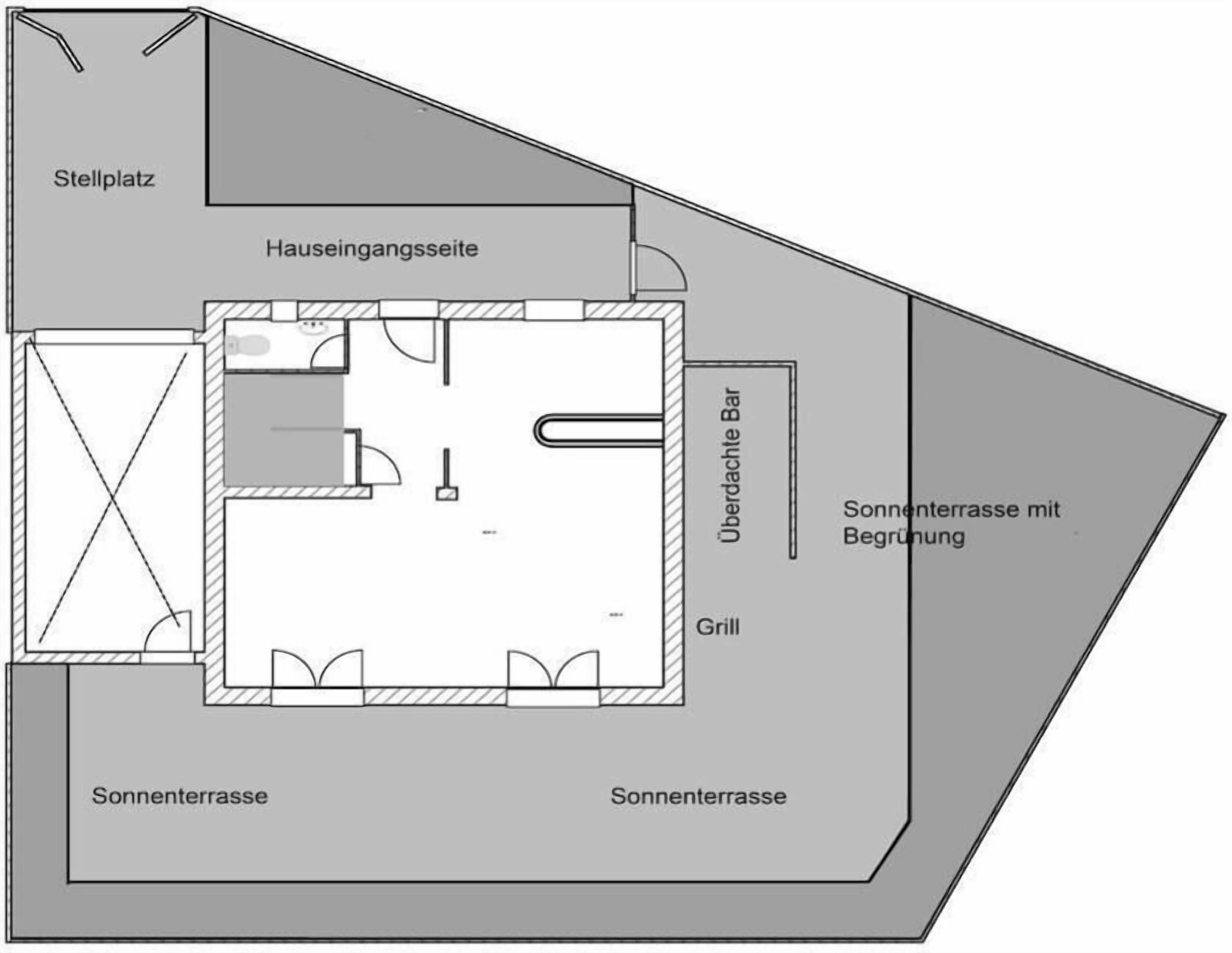 A floor plan of a building with a central living area, a balcony, and a sun terrace.