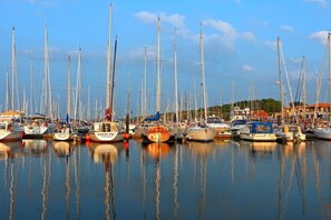 A marina with multiple sailboats docked, calm water, and a clear sky. - Tower House Holiday Apartment 3 (Kühlungsborn)