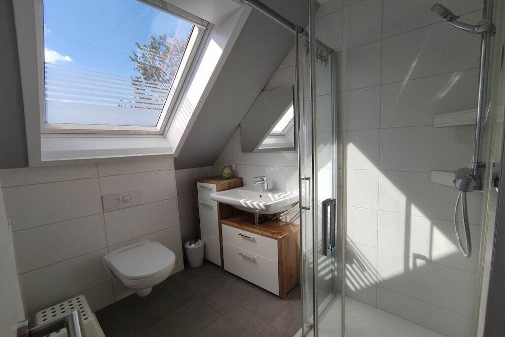 Ein modernes Badezimmer mit Dachfenster, Dusche und Toilette.