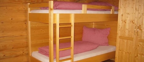 A bunk bed with a ladder, wooden walls, and a wardrobe.