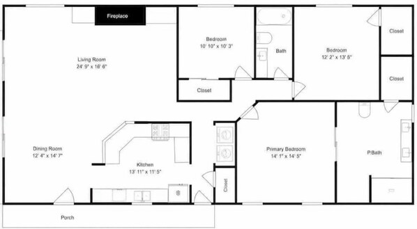 A floor plan with a living room, dining room, kitchen, two bedrooms, a bathroom, and a porch. - Buckeye Island Paradise (Put-in-Bay Township)