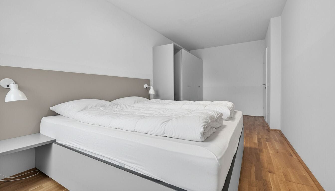 Une chambre moderne avec un lit, une table de chevet, une lampe, une armoire et un plancher en bois.