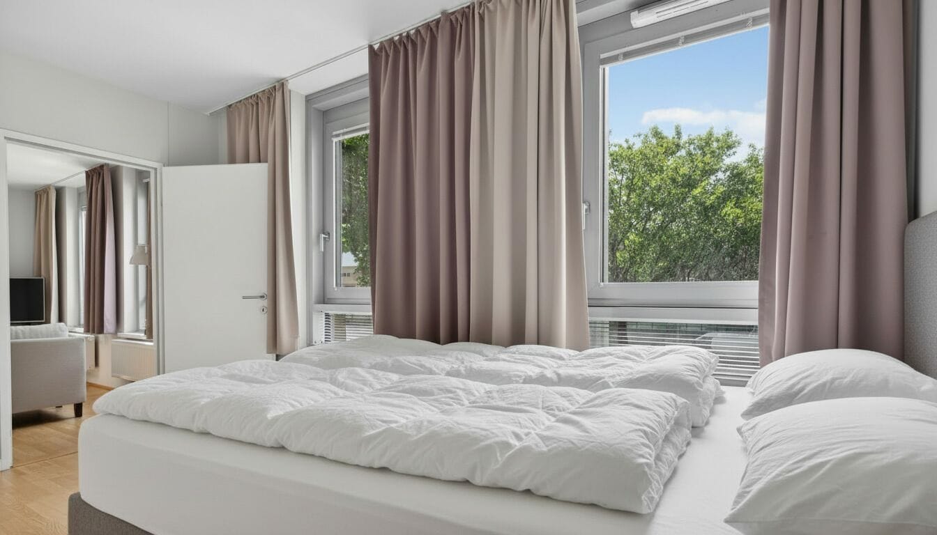 A bedroom with a large bed, a desk, and a window with curtains.