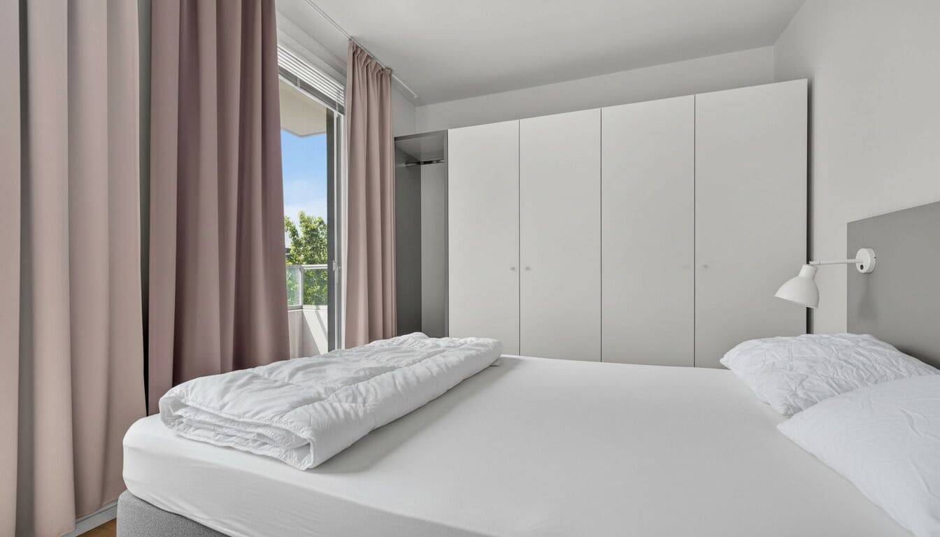 A modern bedroom with a large bed, a wardrobe, and a window with curtains.