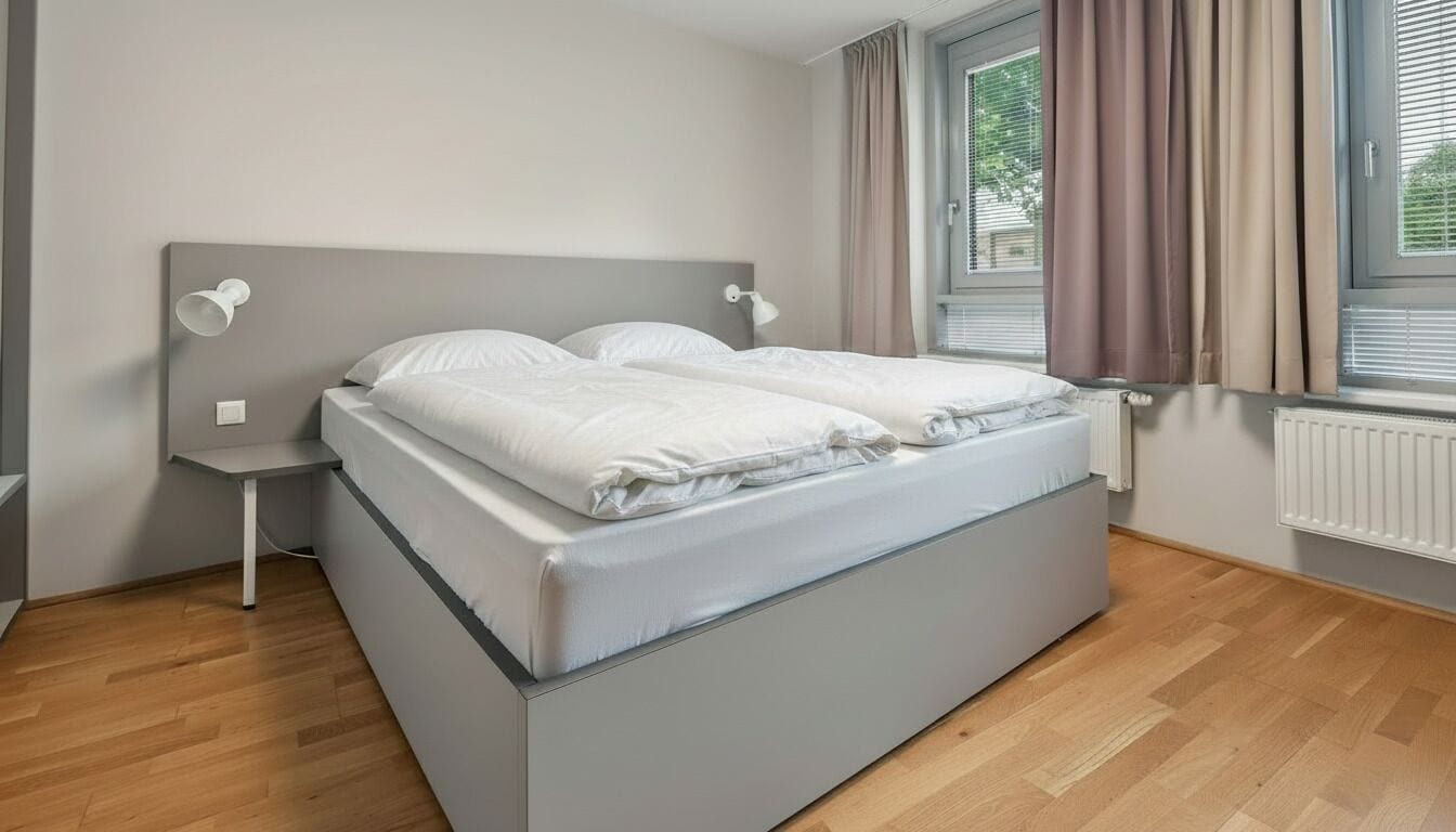 Ein Doppelbett mit grauem Kopfteil und zwei Nachttischen, einer davon mit einer Lampe.