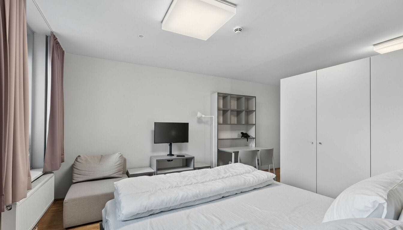 A modern hotel room with a bed, a desk, a chair, a TV, and a wardrobe.