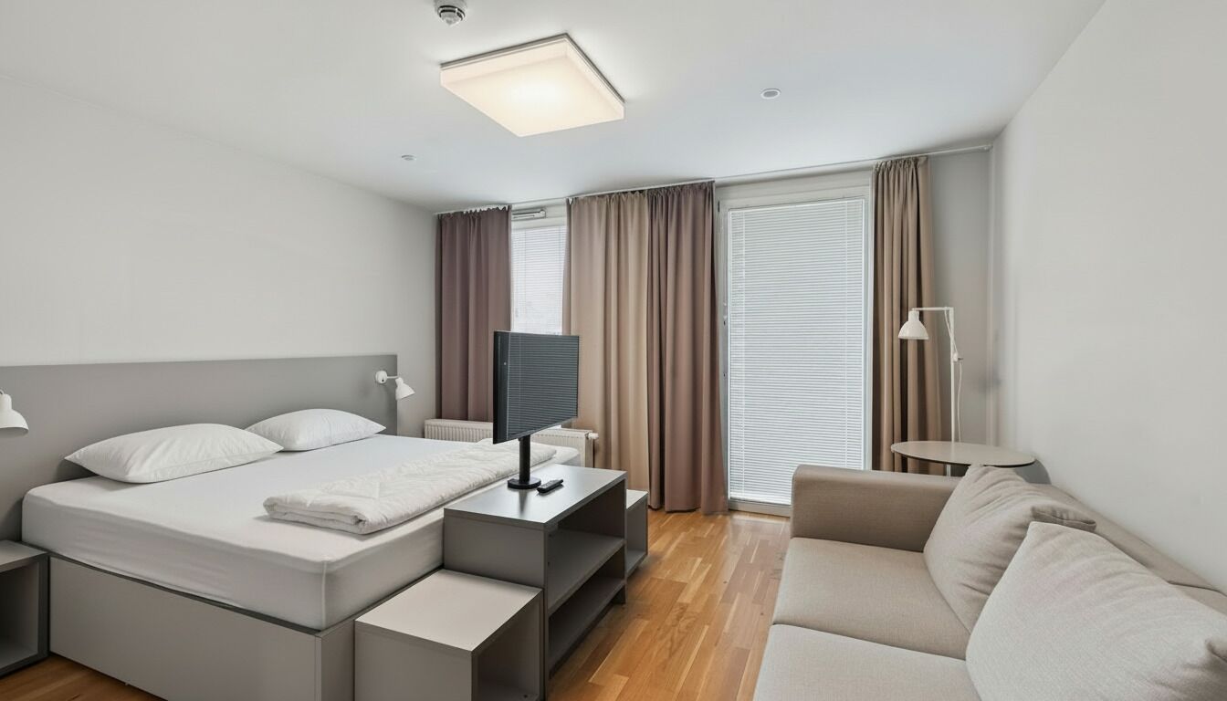 Une chambre d’hôtel moderne, équipée d’un lit, d’une table de chevet, d’une lampe et d’un canapé.