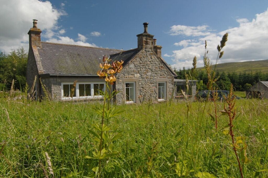 A stone house with a sloped roof, multiple chimneys, and a grassy foreground.