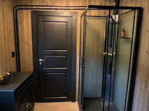 A room with a dark wooden door, a shower enclosure with a glass door, and a small shelf with toiletries.
