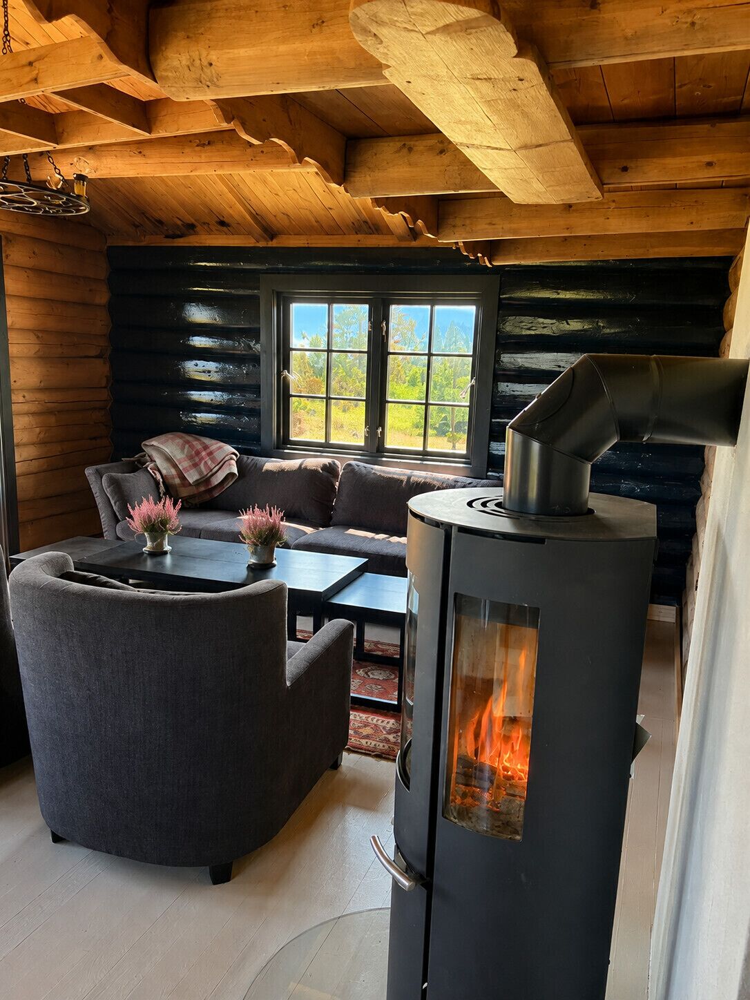 En mysig stuga med en soffa, en fåtölj och en vedkamin.