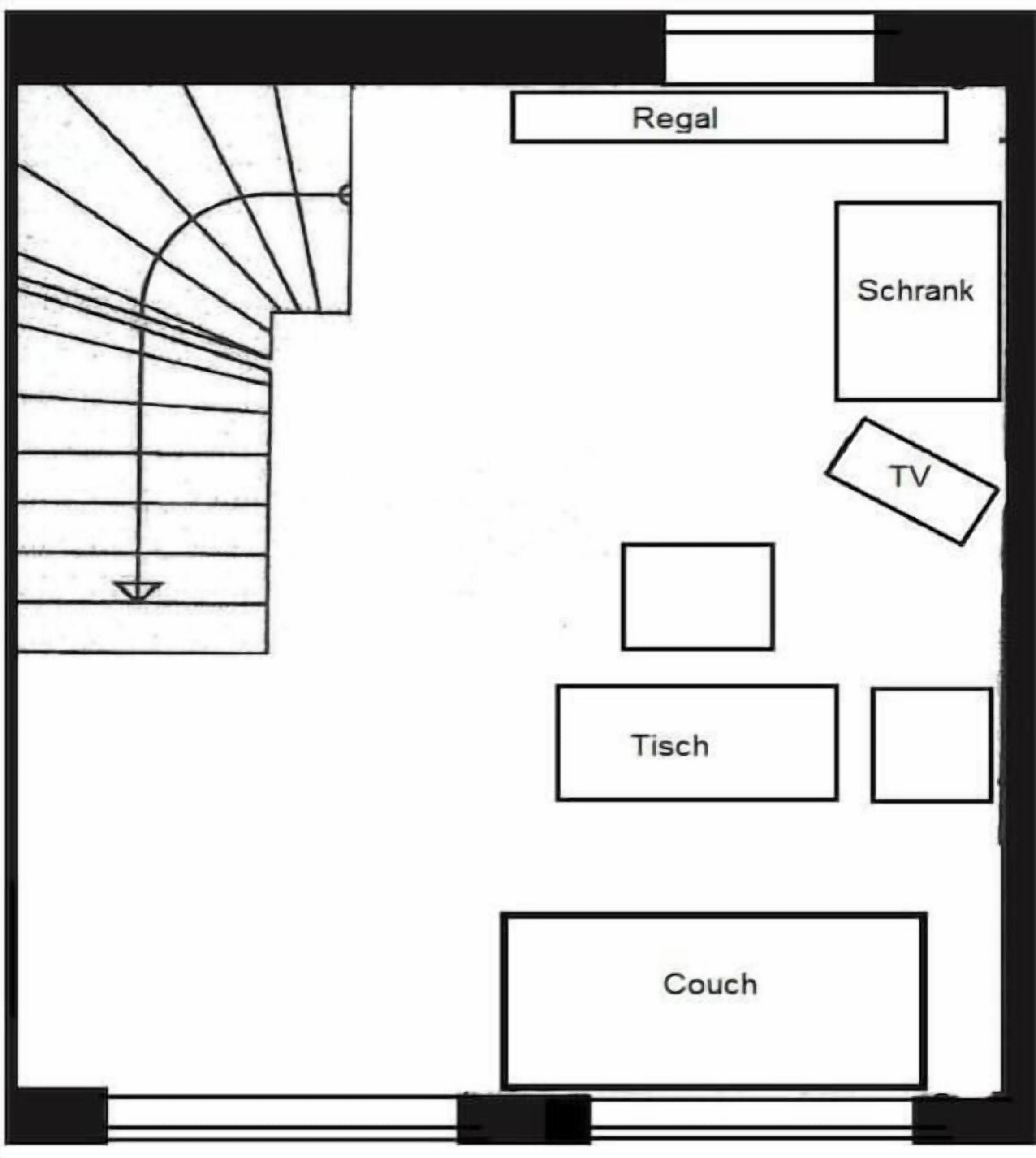 A hotel room layout with a balcony, a TV, a couch, and a table.
