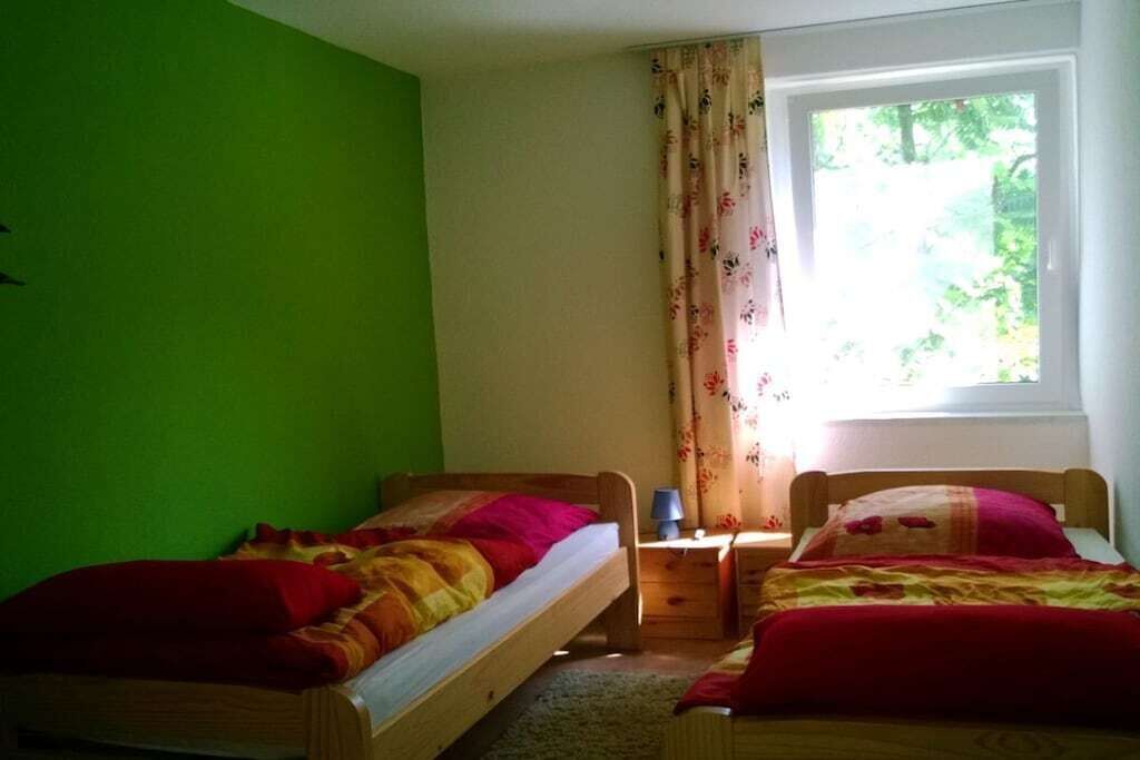 Habitació amb dos llits de fusta, una finestra que dona a vegetació i una paret verda.