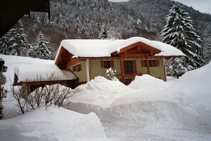 A wooden cabin with a snow-covered roof, surrounded by snow-covered trees and a mountain backdrop. - Geigelstein on the Bergerhof (Aschau im Ch. \/Sachrang)