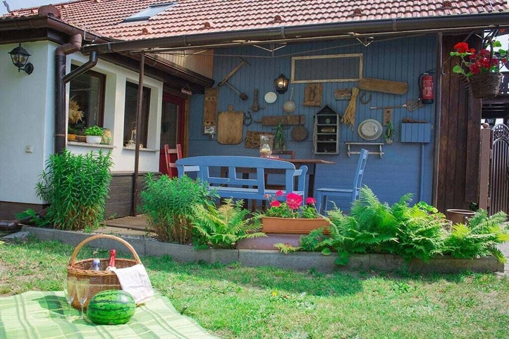 A house with a blue exterior, a garden with various plants, a picnic setup, and a blue bench.