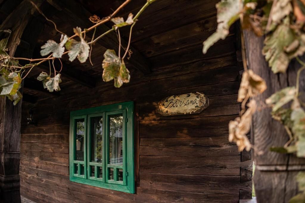 A rustic wooden cabin with a green-framed window and a sign that reads 'Barndorf.'
