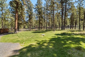 Ein bewaldeter Campingplatz mit Kiesweg, Picknicktischen und einem Holzzaun.
