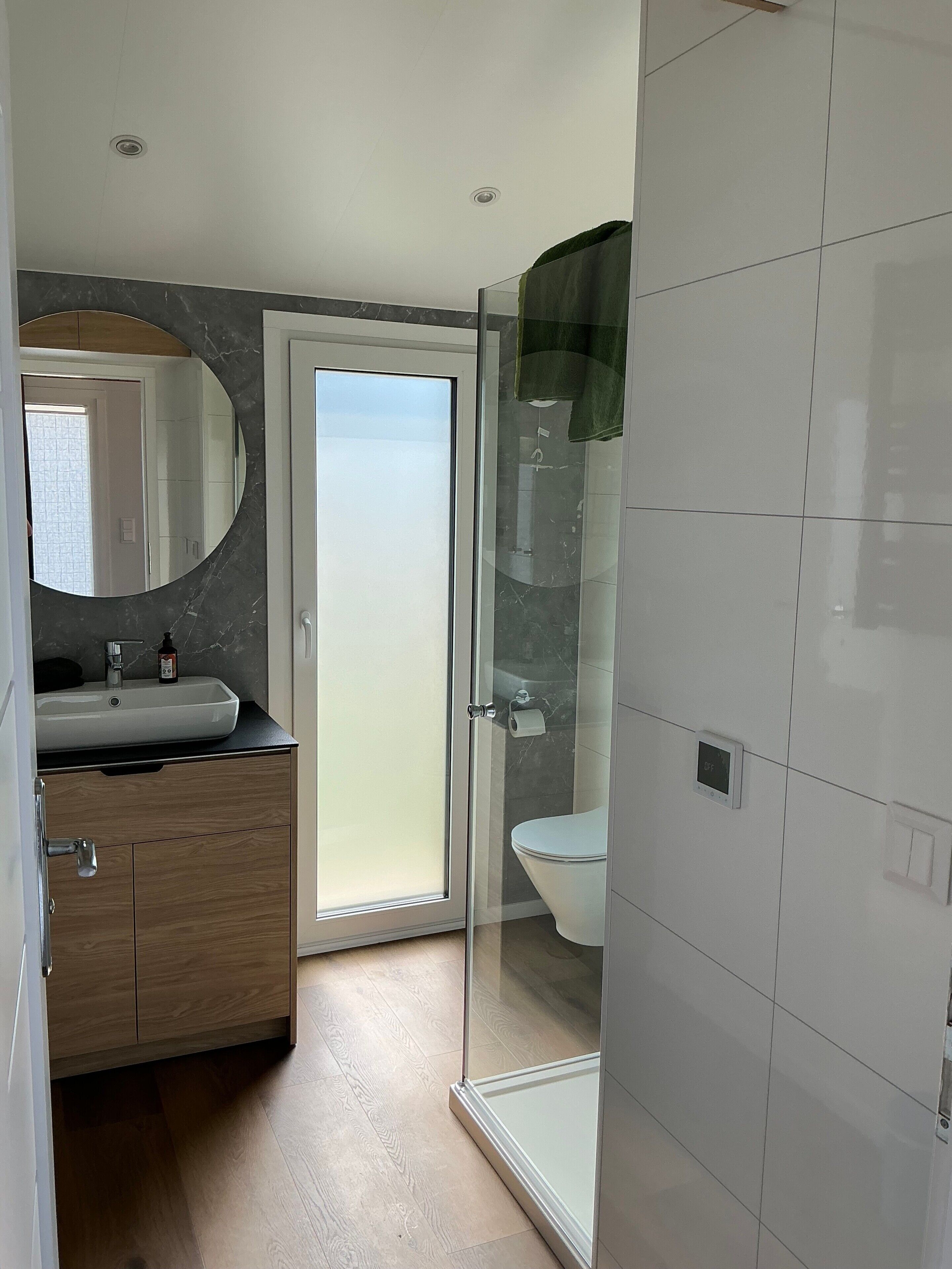 A modern bathroom with a glass shower enclosure, a toilet, and a sink with a mirror.