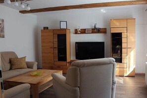 A living room with a sofa, a coffee table, a TV, wooden cabinets, and a fireplace. - Holiday apartment in Altenbrak with Wi-Fi (Altenbrak)