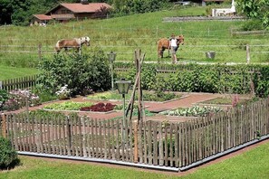 A fenced garden with a wooden fence, a metal lamp post, and a paved area with plants.