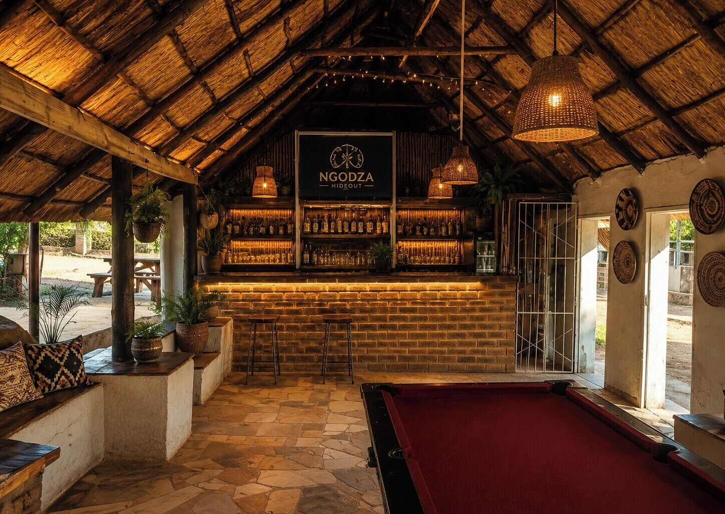 Zona de bar con techo de paja, mostrador de madera y mesa de billar.